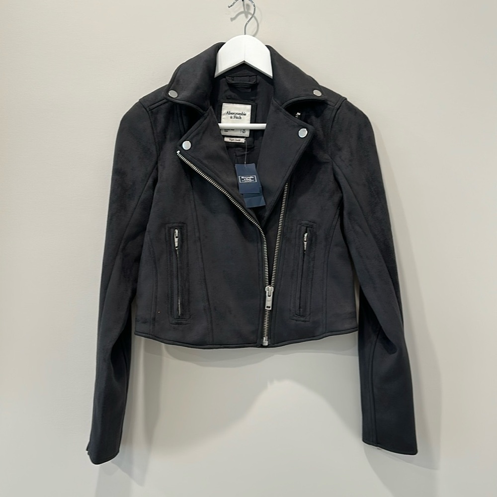 Abercrombie Leather Jacket Vegan Suede Charcoal Gray Black Moto Winter Size XS